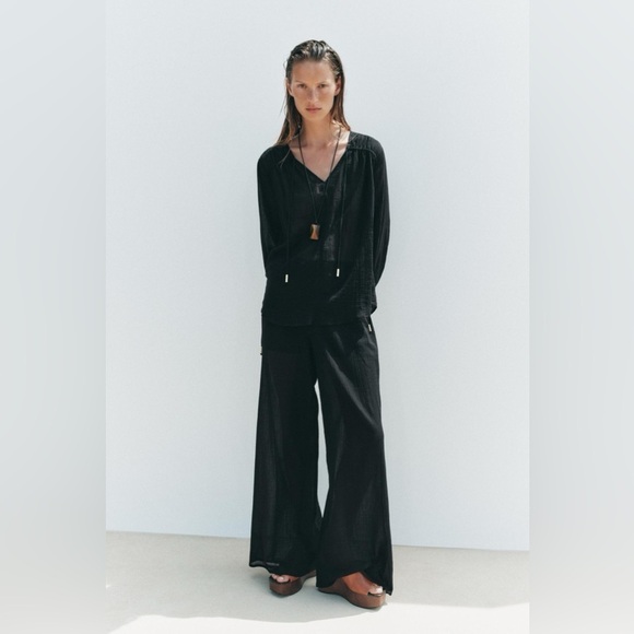 Zara Pants - ZARA | Bamboo Black Sheer Wide-Leg Pants with Six Pockets and Draw String